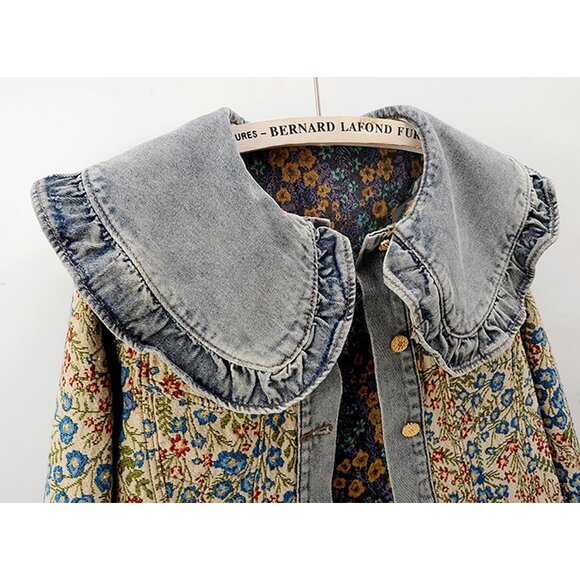 Women’s Sweet Peter Pan Collar S-2XL Long Sleeve Jacquard Denim Jacket Blue - Picture 5 of 6